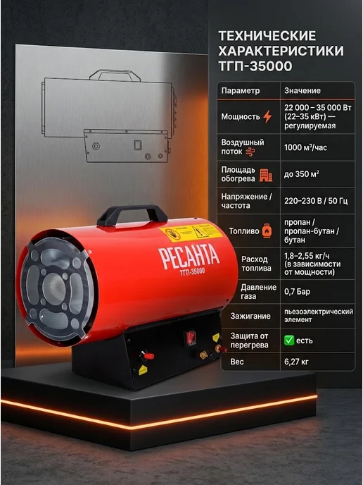 Пушка тепловая газовая для гаража ТГП-35000 — фото 4