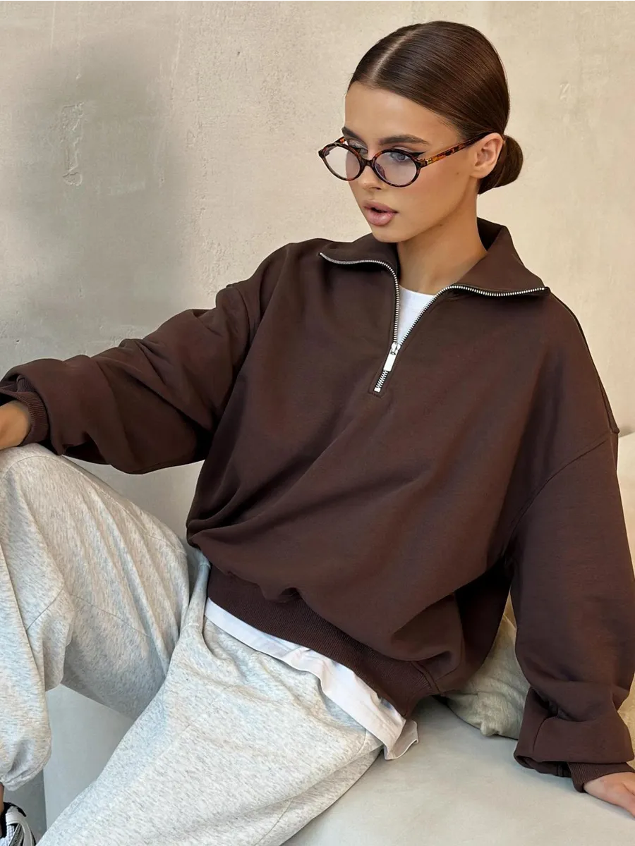 Свитшот оверсайз полузамок с воротником на молнии без начеса