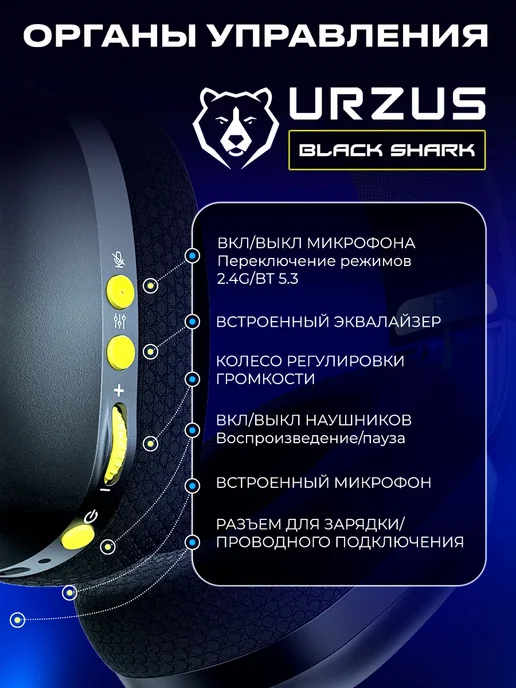 URZUS Наушники беспроводные игровые White Shark, черный, фото 6