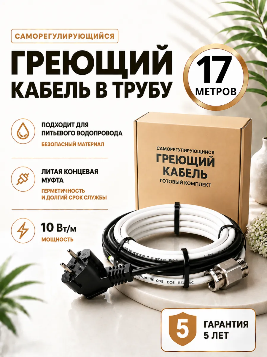 Греющий кабель в трубу саморегулирующийся 17 метров