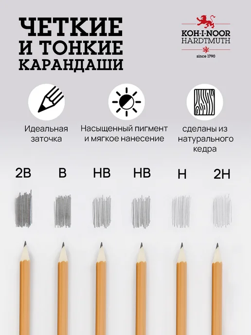 KOH-I-NOOR Простые карандаши набор 6 шт, твердость 2B, B, HB, H, 2H, 6 шт, фото 2