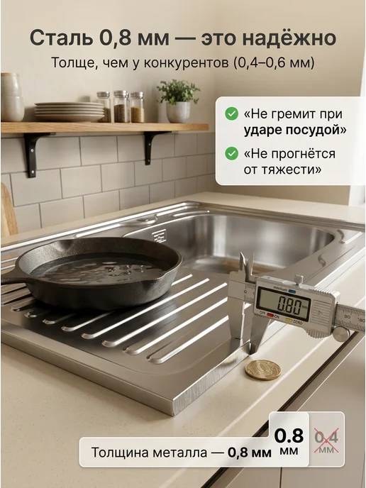 S&M Мойка для кухни нержавейка накладная 80х60 с сифоном PREMIUM, 80x60, фото 2