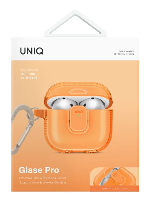 UNIQ Чехол для Airpods 4 и 5 силиконовый с замком Glase PRO, оранжевый, фото 2