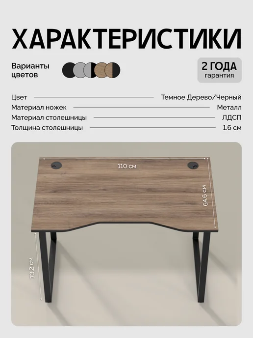 Древеро Компьютерный письменный стол Лофт с вырезом ПлейВорк 1100, черный, фото 2