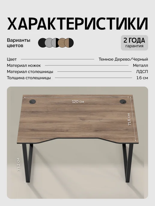 Древеро Компьютерный письменный стол Лофт с вырезом ПлейВорк 1200, черный, фото 2