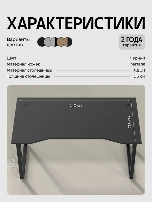 Древеро Компьютерный письменный стол Лофт с вырезом ПлейВорк 1400, черный, фото 2