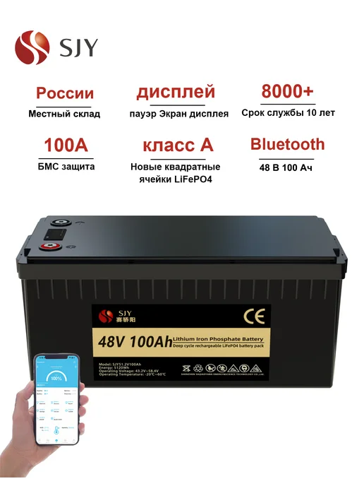 SJY Аккумулятор LiFePO4 емкостью 3,2 В 100 АЧ с BMS, Аккумуляторная Батарейка 48 В