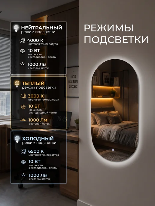 МАНСАРДА Зеркало с подсветкой сенсорное овальное 50х100 см, 50x100 см, фото 3