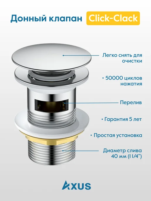 Axus Донный клапан для раковины без перелива белый, серый, с переливом, фото 3