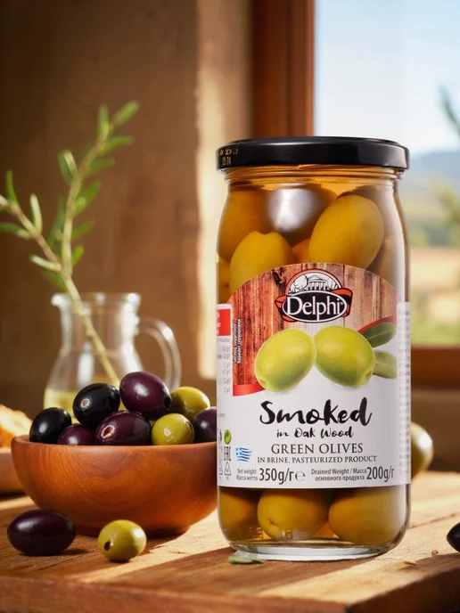 Delphi Food Оливки с косточкой копченые на дубовых опильках 350 г, 350 г