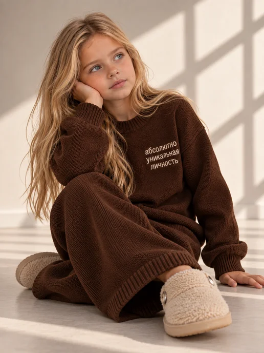 MonAleon for kids Костюм трикотажный с джемпером и штанами для девочки, бежевый, фото 2