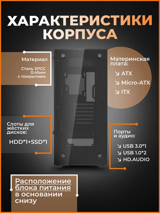 Nevermor Игровой корпус M525В(черный) ATX (без вентиляторов), черный, фото 3