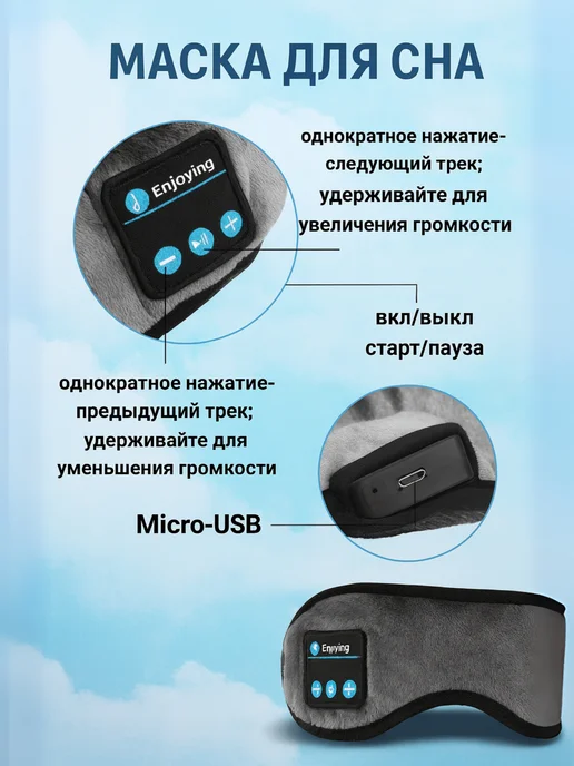 Маска для сна с Bluetooth наушниками, серый, фото 2