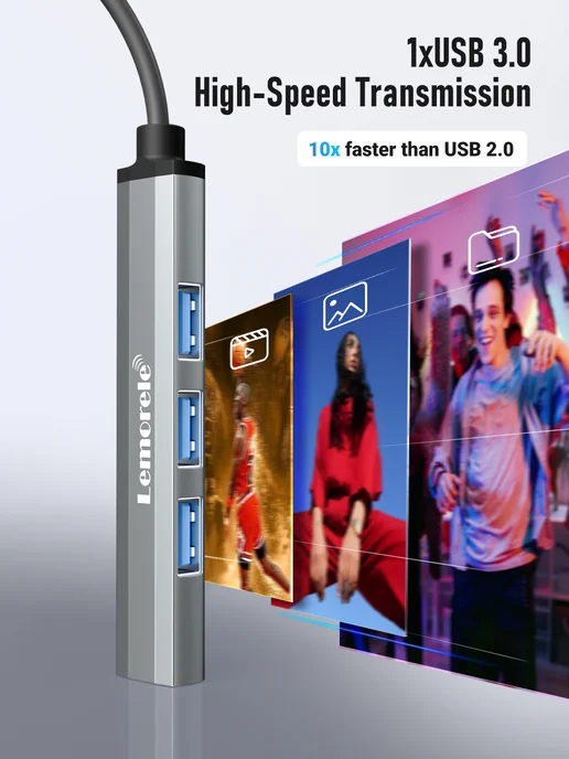 Lemorele USB 3.0 разветвитель концентратор периферийный усб 2.0,60cm, серый, фото 4