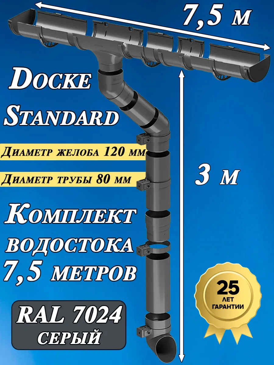Комплект водостока Деке Стандарт 7.5 м по 1,5 м серый 7024