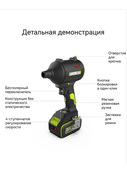 Аккумуляторный Строительный фен WORX WU093, зеленый, фото 3