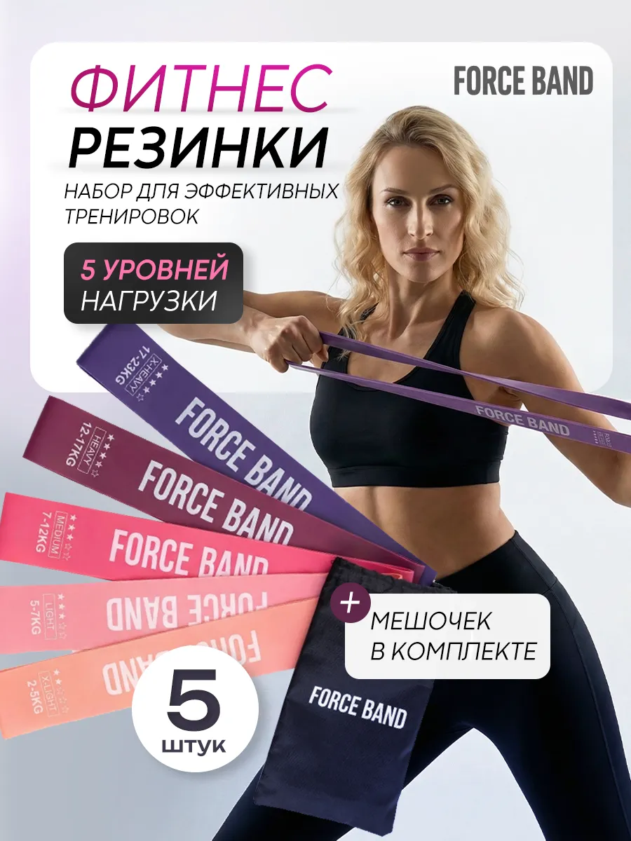 Резинки для фитнеса латексные для ног и ягодиц набор 5 шт