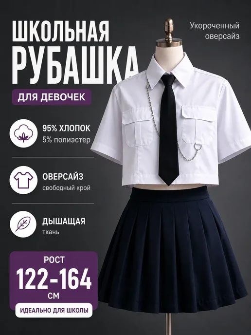Блузка школьная рубашка укороченная галстук короткий рукав, белый