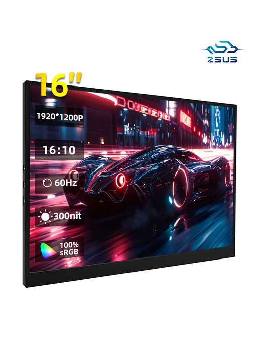 ZSUS Портативный монитор 16 дюйма 60 Гц 1220P черный, черный