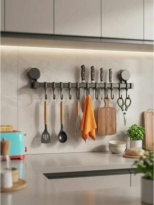 SDV HOME Настенный Рейлинг с 8 крючками без сверления 40 см, серый, фото 2