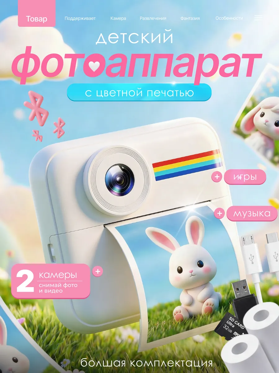 фотоаппарат моментальной печати цветной детский с BLUETOOTH
