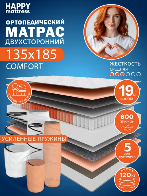 HAPPY MATTRESS Матрас HAPPY COMFORT 85х185 см ортопедический пружинный, 135x185 см