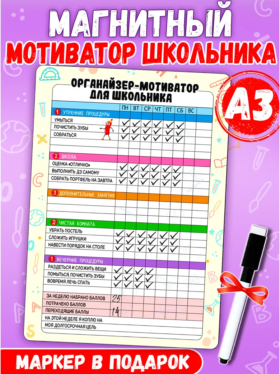 Мотиватор школьника Планер магнитный с маркером А3