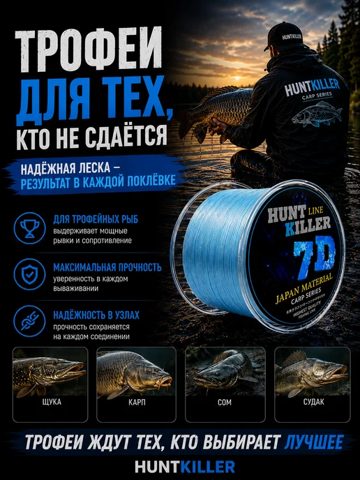 HuntKiller Леска рыболовная 300 метров 7D 0,50 мм хамелеон, 300 м, фото 3