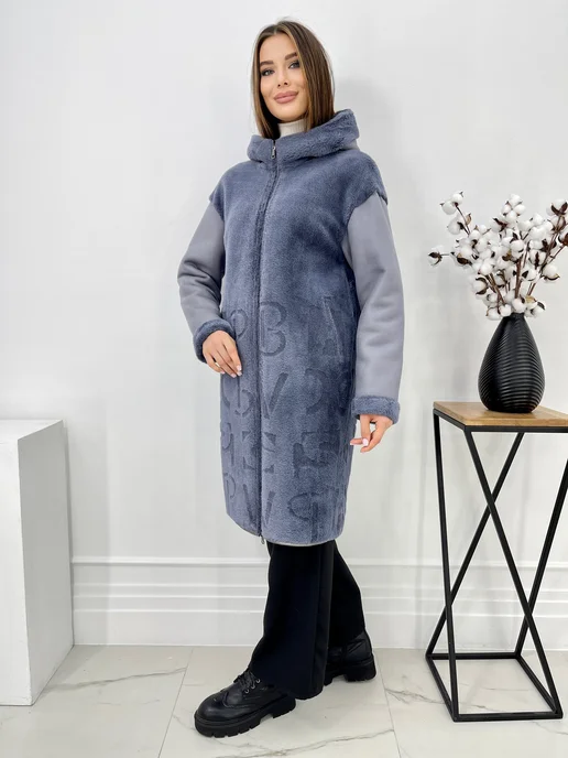 Klasika Moda Пальто двустороннее из эко-меха с капюшоном, синий, фото 2