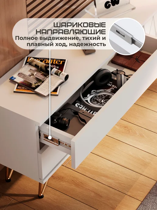 GW market Тумба под телевизор на ножках МДФ с фрезеровкой, белый, фото 7