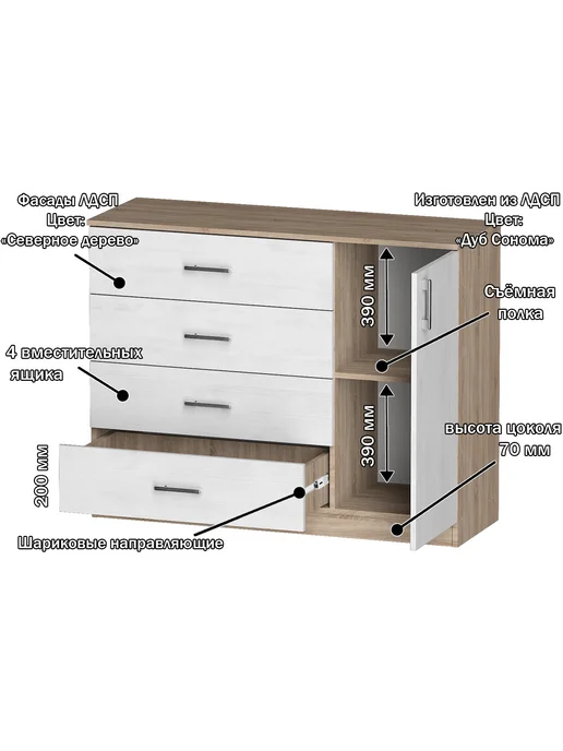 Furnistyle Комод Лайф ЛКМ-03 Дуб сонома, коричневый, фото 2