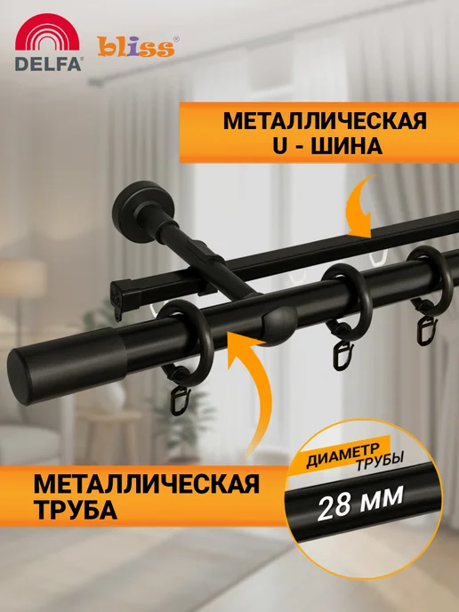 Bliss Dekor Карниз для штор 200 см двухрядный черный гардина настенная, черный, фото 2