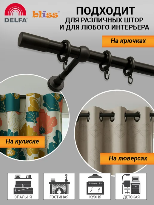 Bliss Dekor Карниз для штор 240 см однорядный черный гардина настенная, черный, фото 7