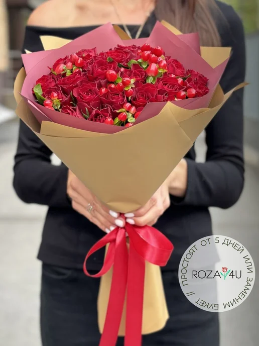 ROZA4U Букет живых цветов из 25 красной розы с гиперикумом, красный, фото 2