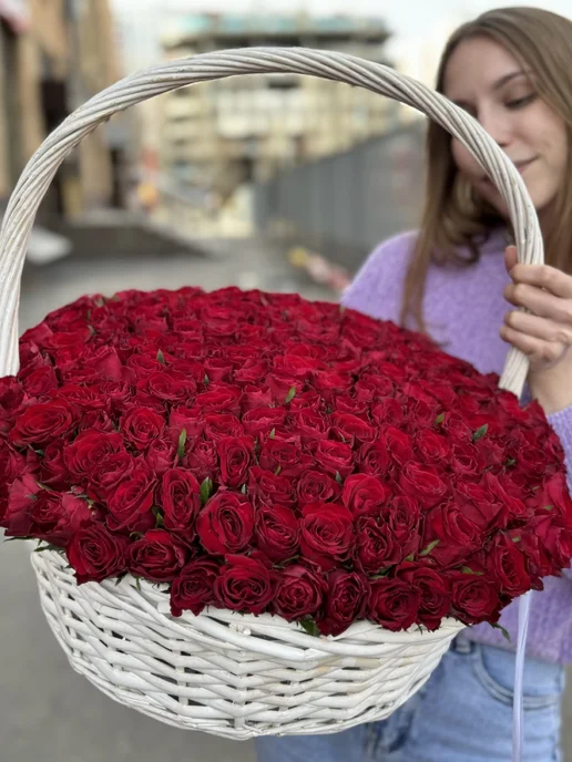 ROZA4U Букет живых цветов из 201 красной розы в корзине, красный, фото 2