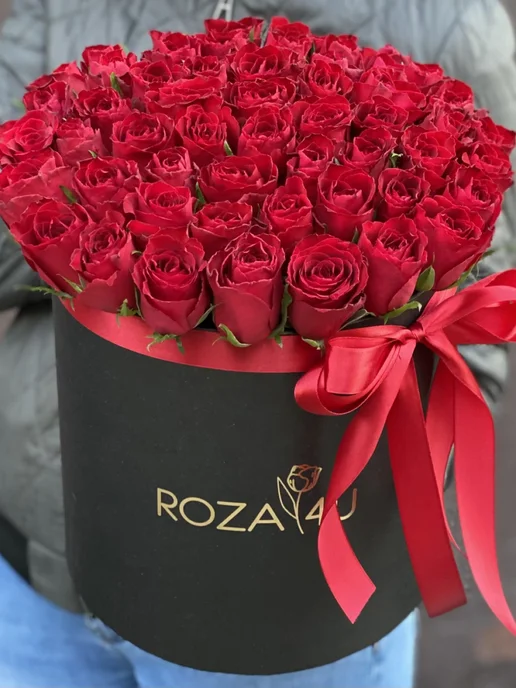 ROZA4U Букет живых цветов из 51 красной розы в коробке, красный, фото 2