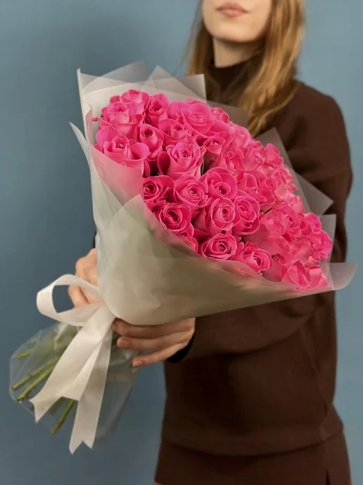 ROZA4U Букет живых цветов 25 нежных роз Пинк Атена, розовый, фото 3