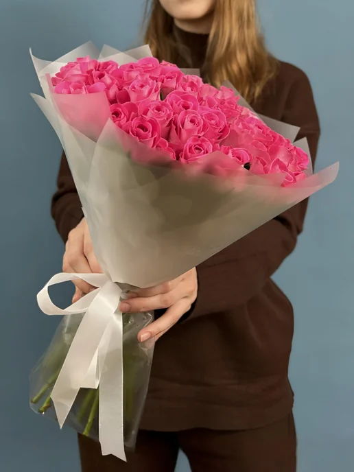 ROZA4U Букет живых цветов 25 нежных роз Пинк Атена, розовый, фото 5
