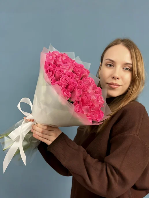 ROZA4U Букет живых цветов 25 нежных роз Пинк Атена, розовый, фото 6