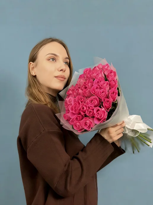 ROZA4U Букет живых цветов 25 нежных роз Пинк Атена, розовый, фото 7