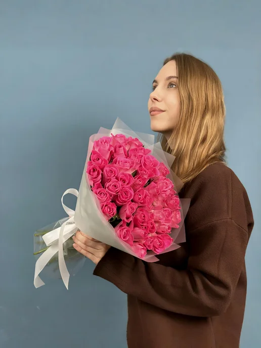 ROZA4U Букет живых цветов 25 нежных роз Пинк Атена, розовый, фото 8