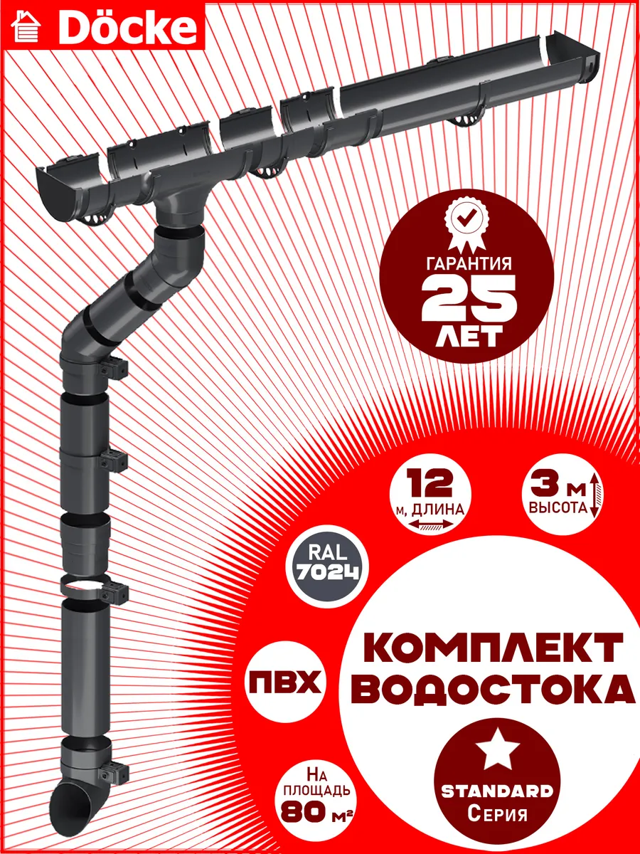 Водосток Деке Стандарт 12 м (серый графит по 1,5 м) 1 слив