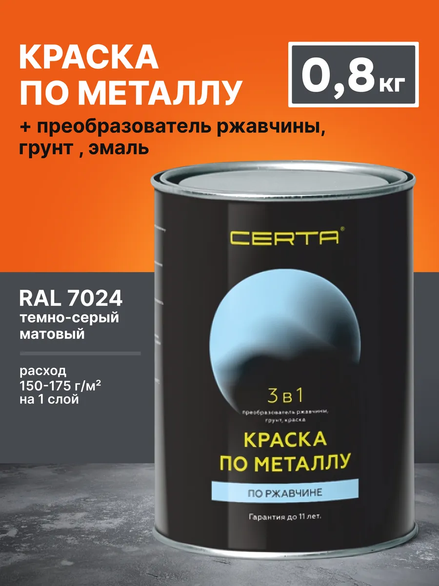 Краска по металлу и ржавчине 3 в 1 темно-сер. RAL7024 0,8кг