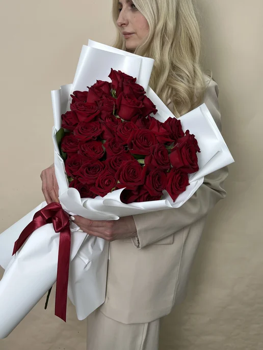 ROZA4U Букет живых цветов из 33 красных роз 60 см сердце, красный, фото 2