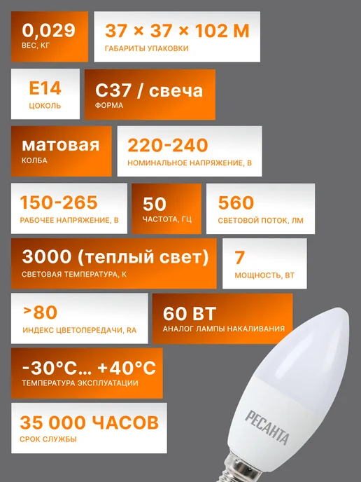 Лампа светодиодная энергосберегающая теплый свет Е14 — фото 3