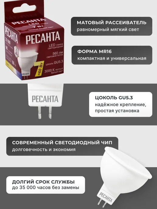Лампа светодиодная энергосберегающая теплый свет GU5.3 — фото 2