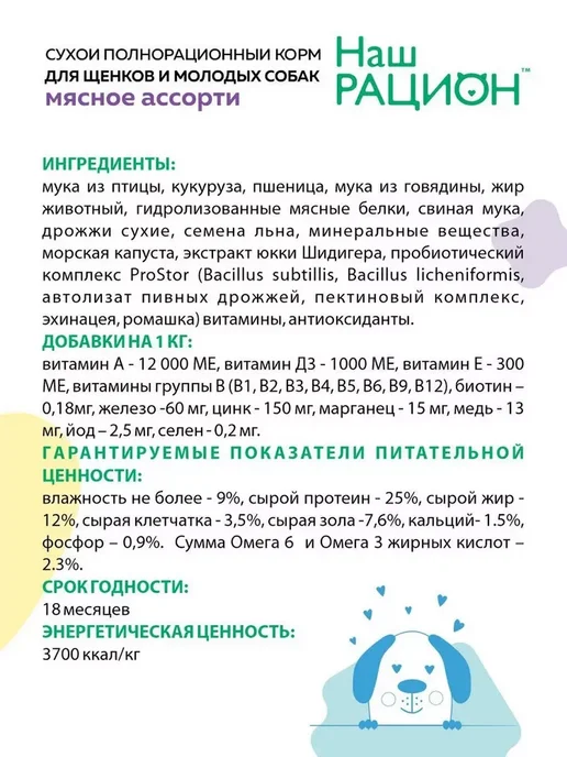 Сухой корм НАШ РАЦИОН Ассорти для собак, щенки, мясо, 2 кг, фото 2