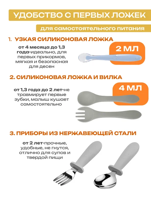 KitKid Набор детской посуды для кормления силиконовый, серый, фото 3