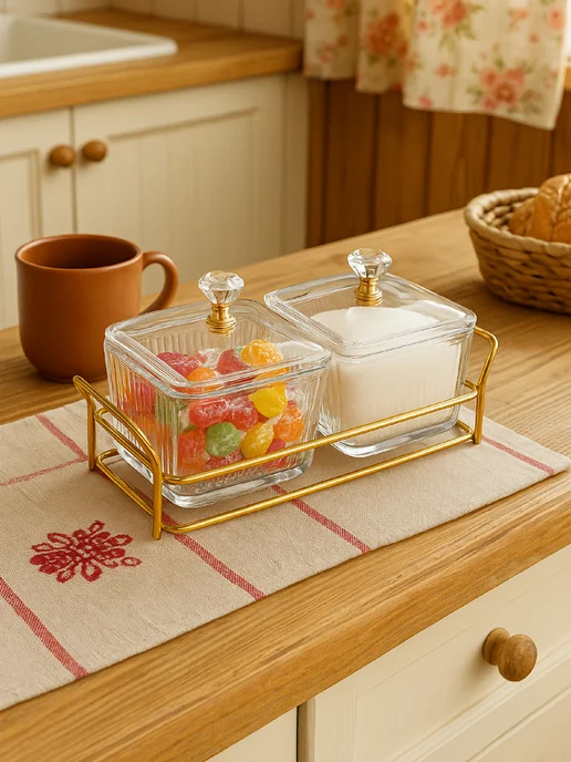 Shiny Kitchen Сахарница и солонка с крышкой стеклянные на подставке набор, белый, фото 5
