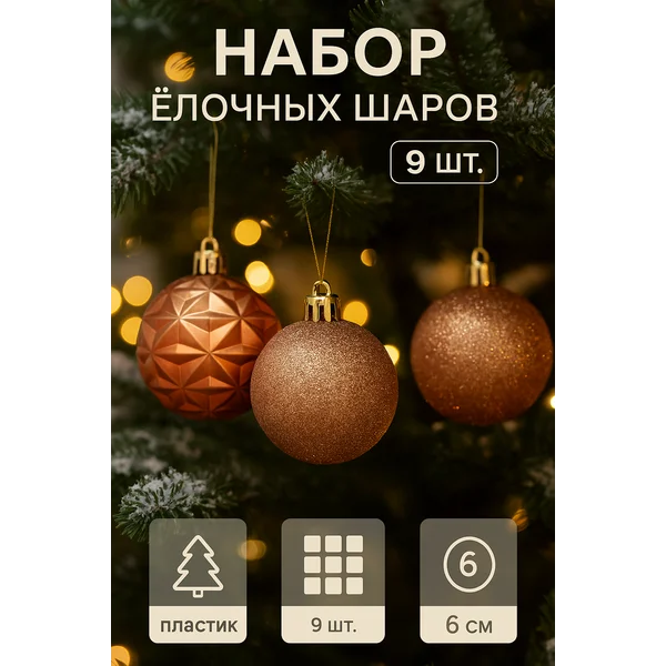 Ёлочные игрушки Изабель астероид, пластик, 9 шт, золото